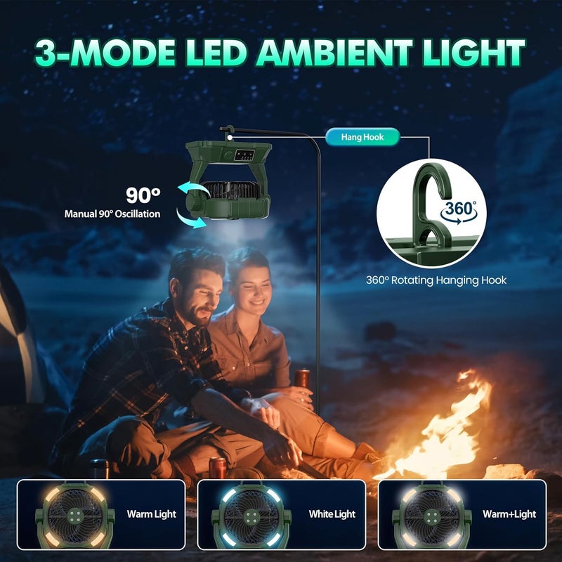 Wilody Misting Fan Portable 42800mAh Rechargeable Camping Fan with Remote Control, 3 LED Light & Stepless Speed Control & Cooling Spray with 6L Bucket, Timer Function, Portable Handle, Rotate Hang Hook - Image 4